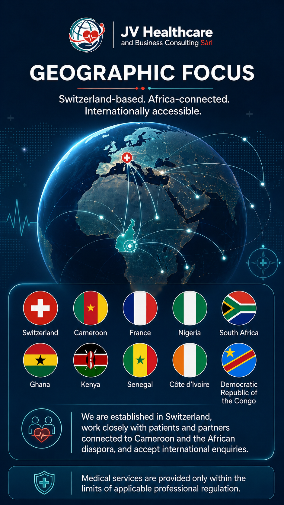 JV Healthcare geographic focus — Switzerland-based, Africa-connected, internationally accessible