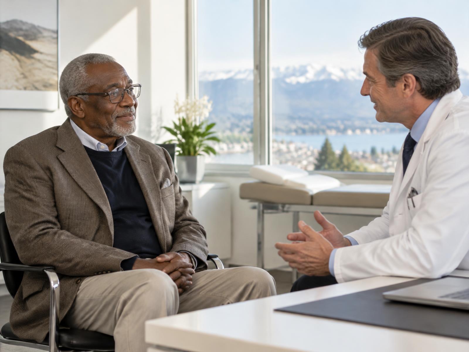 Older Black male patient having a conversation with a male doctor in a modern Swiss hospital.
